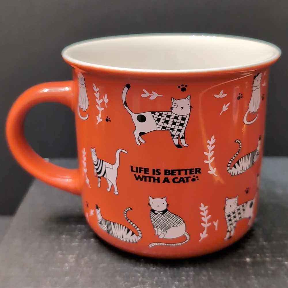 Lauren Taylor Orange Bone China Life Is Better With Cats Coffee Mug.
